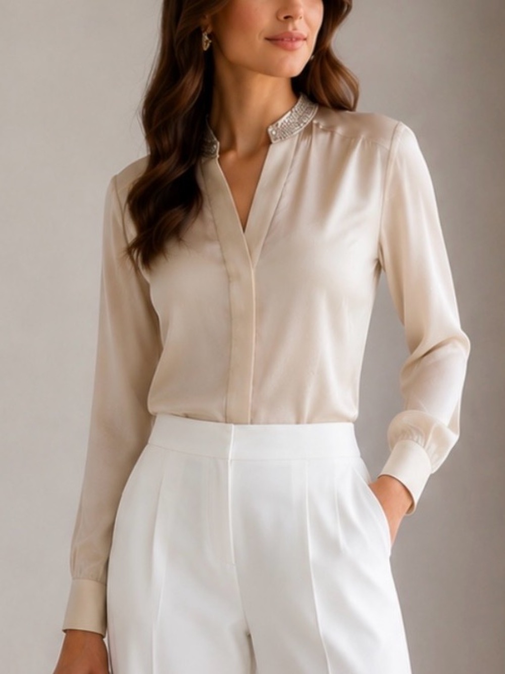 Bebe Cream Blouse with Embellished Collar